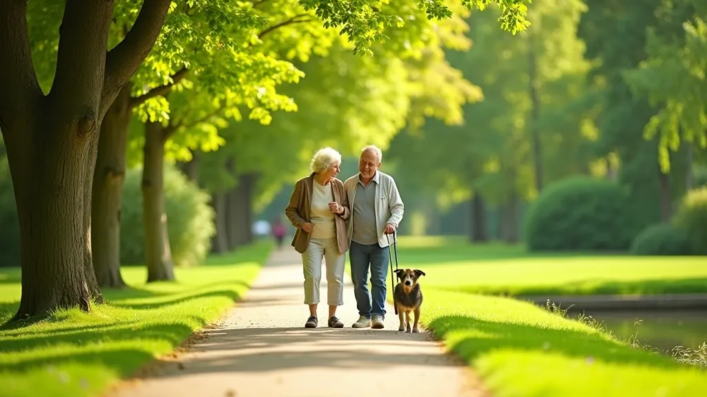 Senora ir senioras pasivaikščioja per žalią parką su medžiais ir ežeru